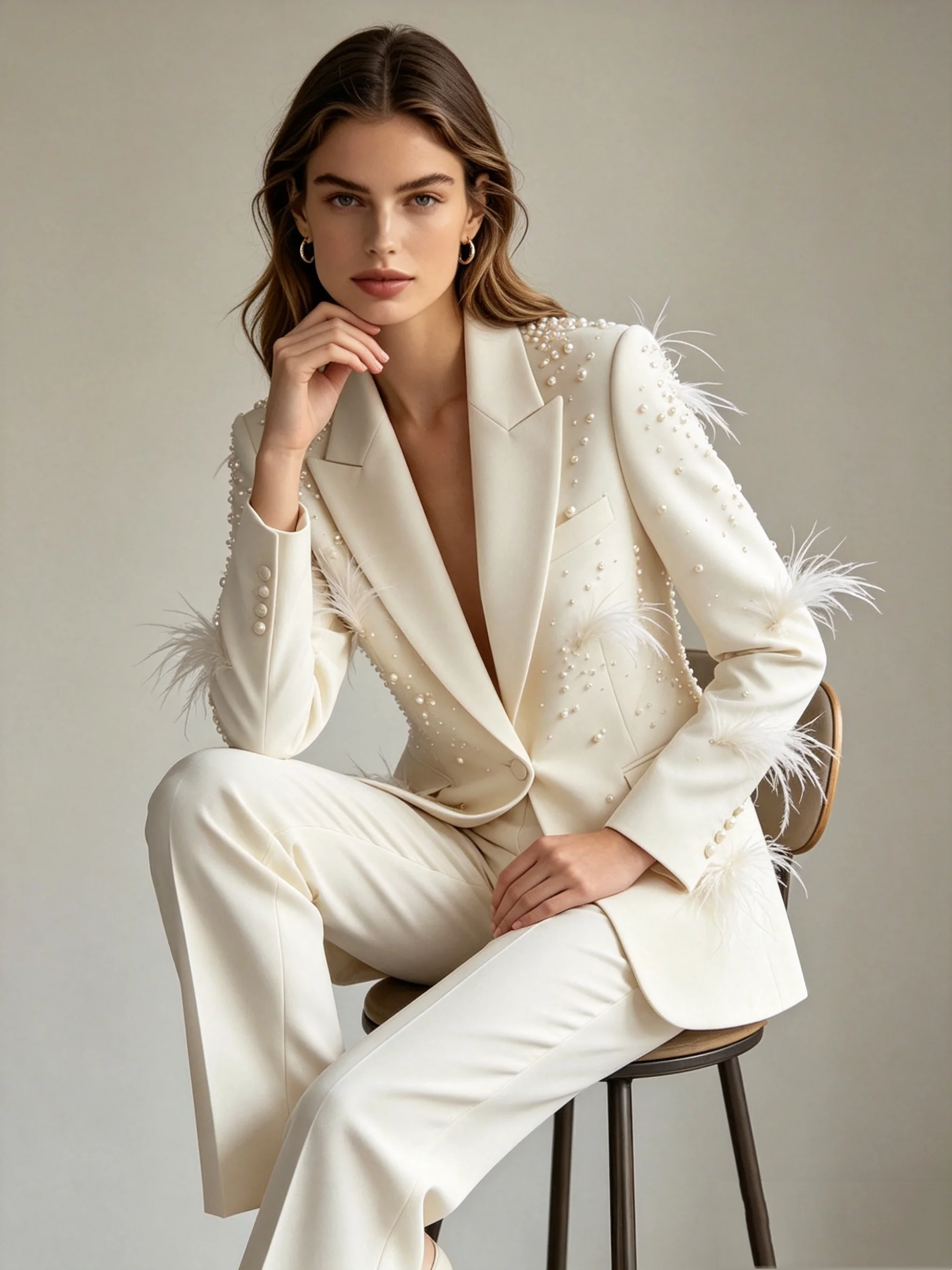 

Pearls Feather White Women Suit Set 2 Pcs Blazer Pants Trousers Cotton Formal Office Jacket Customized Wedding Tuxedo Guest Coat