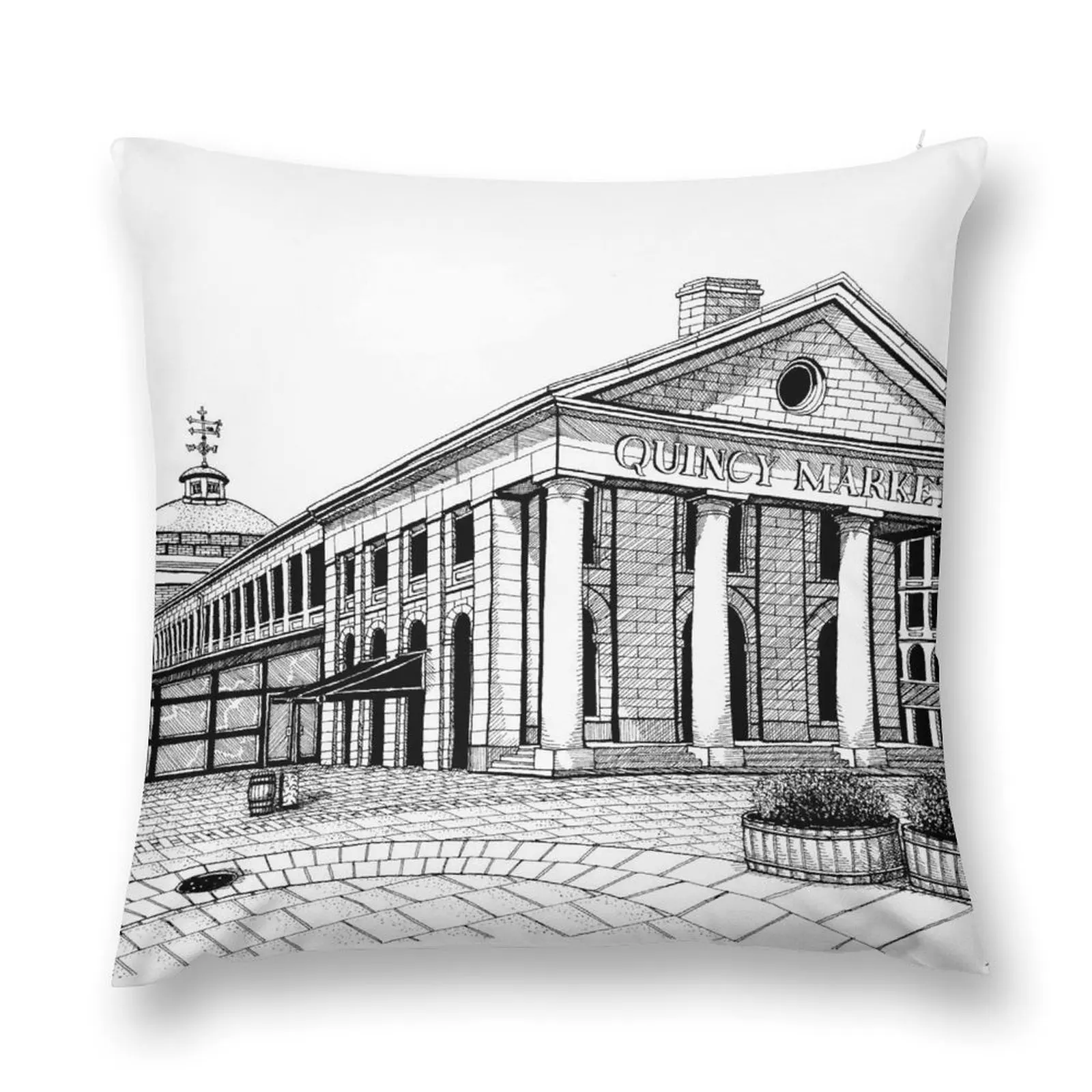 Boston's Quincy Market-Drawing Throw Pillow home decor items Decorative Cover For Living Room Christmas Covers pillow