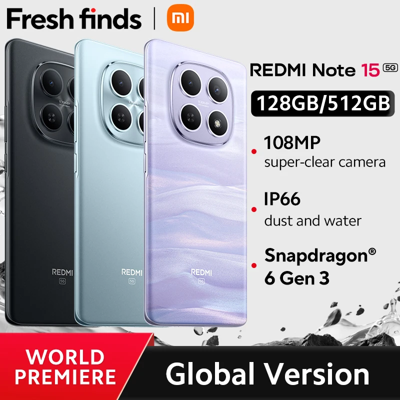 Глобальная версия Xiaomi Redmi Note 15 5G Snapdragon ®   Смартфон 6 Gen3 с AMOLED-дисплеем 6,77 дюйма, камерой 108 МП и аккумулятором 5520 мАч【Мировая премьера】