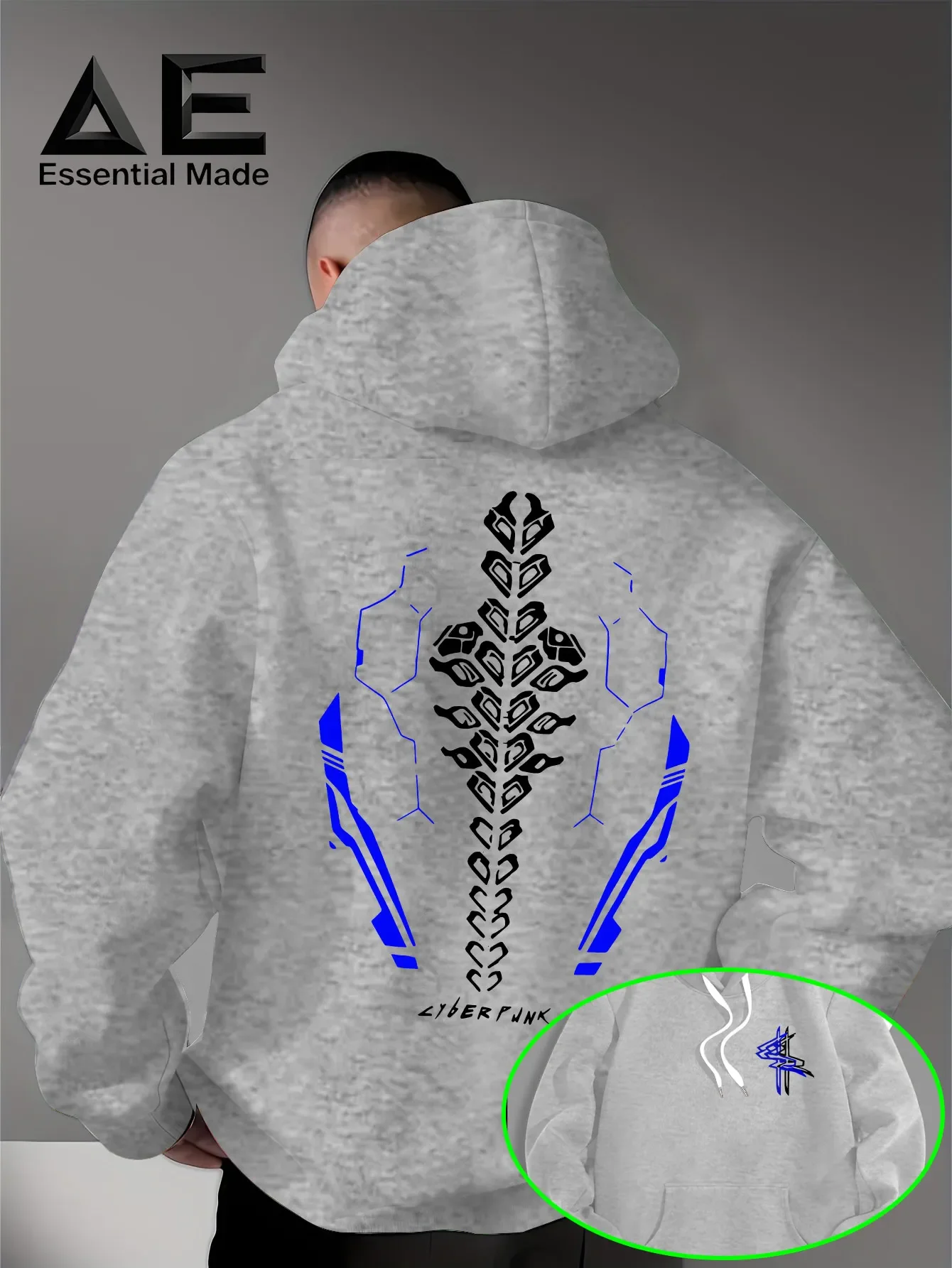 Unisex Cyberpunk Tech Mechanical Skeleton Back Print Hoodie Chest Small Logo Casual Street Loose Pullover Sweatshirt Autumn