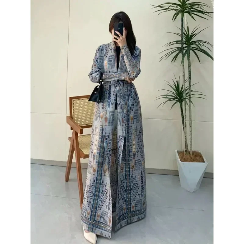 

ALSEY Miyake Pleated Vintage Printed Turndown Collar Long Sleeve Dress Women Designer Fashion Loose Long Coats 2024 Summer New