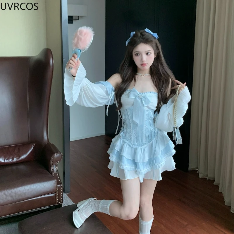 Blue Japanese Style Kawaii Lolita Dress Women Sexy Slash Neck Bow Elegant Party Mini Dress Female Korean Fashion Princess Dress