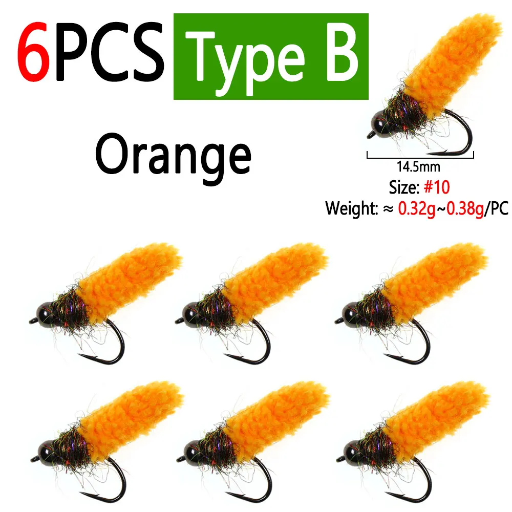 Bimoo 6 Stück Messing-/Wolfram-Kugelkopf-Mop-Fliegen, künstliche Kranichfliegen, Caddis-Larven, Nass-Jig-Nymphenfliegen für Forellen- und Fischgrälfischerei