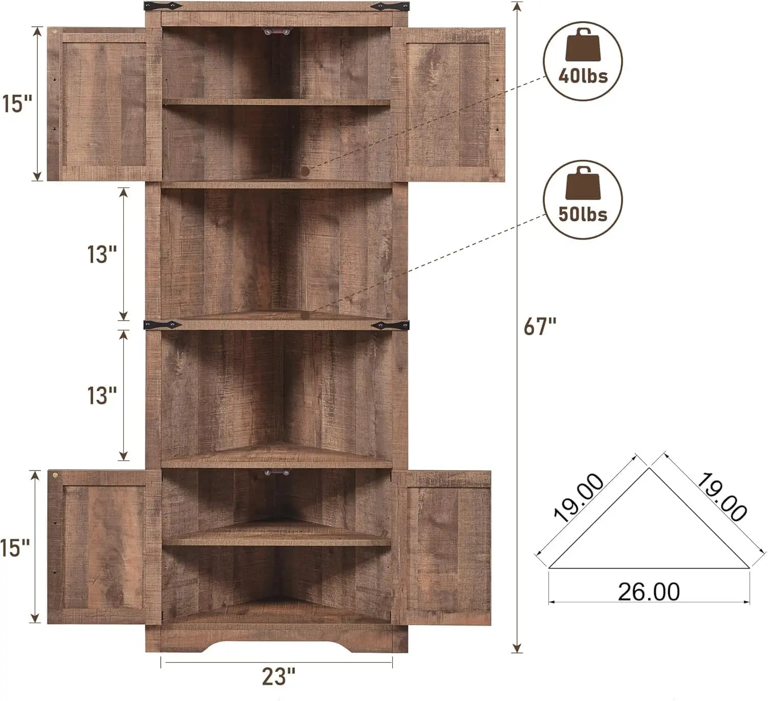 Farmhouse Corner Cabinet, Tall Corner Bathroom Storage Cabinet with Barn Door & Adjustable Shelves(Brown)