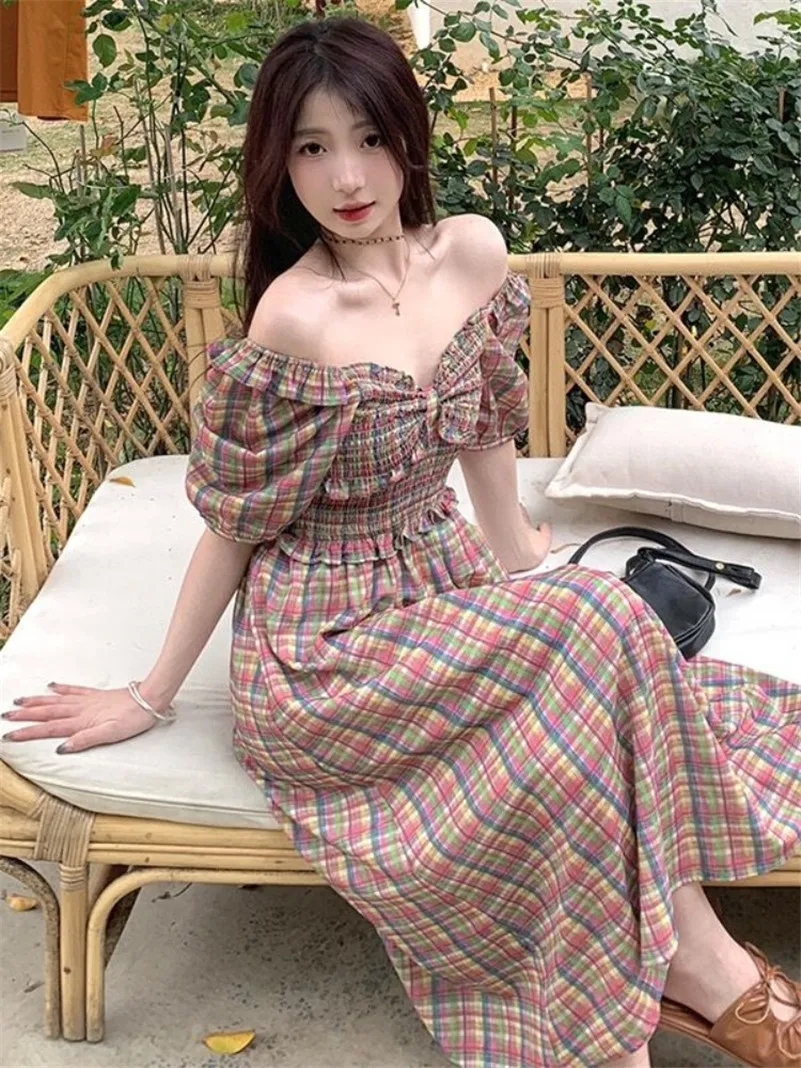 Women Hotselling Plaid Bow Long Dress Puff Sleeves Sexy V-Neck Elegant Chic Princess Temperament Party Dresses Vestidos