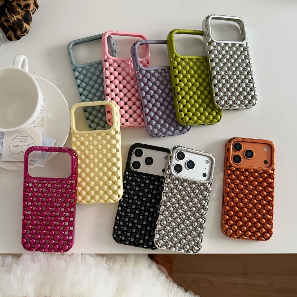 Creative Advanced Stereoscopic Hollow Out Pearl Round Bead Shock Proof Phone Cover Case for iPhone 17 16 15 14 13 Pro Max