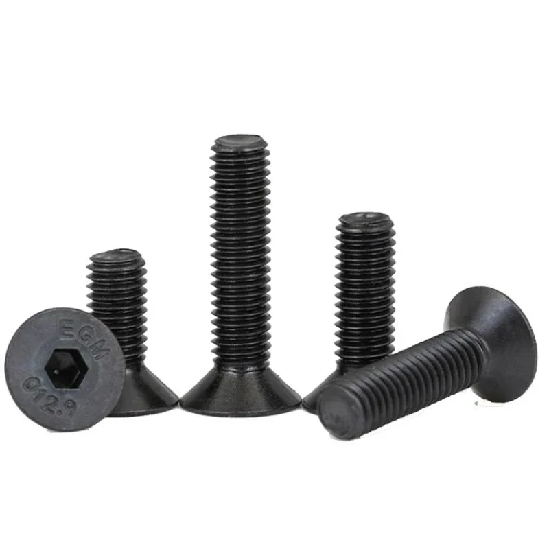 2-200pcs M1.6 M2 M2.5 M3 M4 M5 M6 M8 M10 M12 M16 Grade 12.9 Black High Strength Flat Head Hexagon Socket Screw Countersunk Bolt