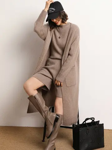 Women's Cashmere Sweater Long Cardigan Loose Thick Versatile Autumn Winter Solid 100% Cashmere Knitwear Korean Style Outerwear