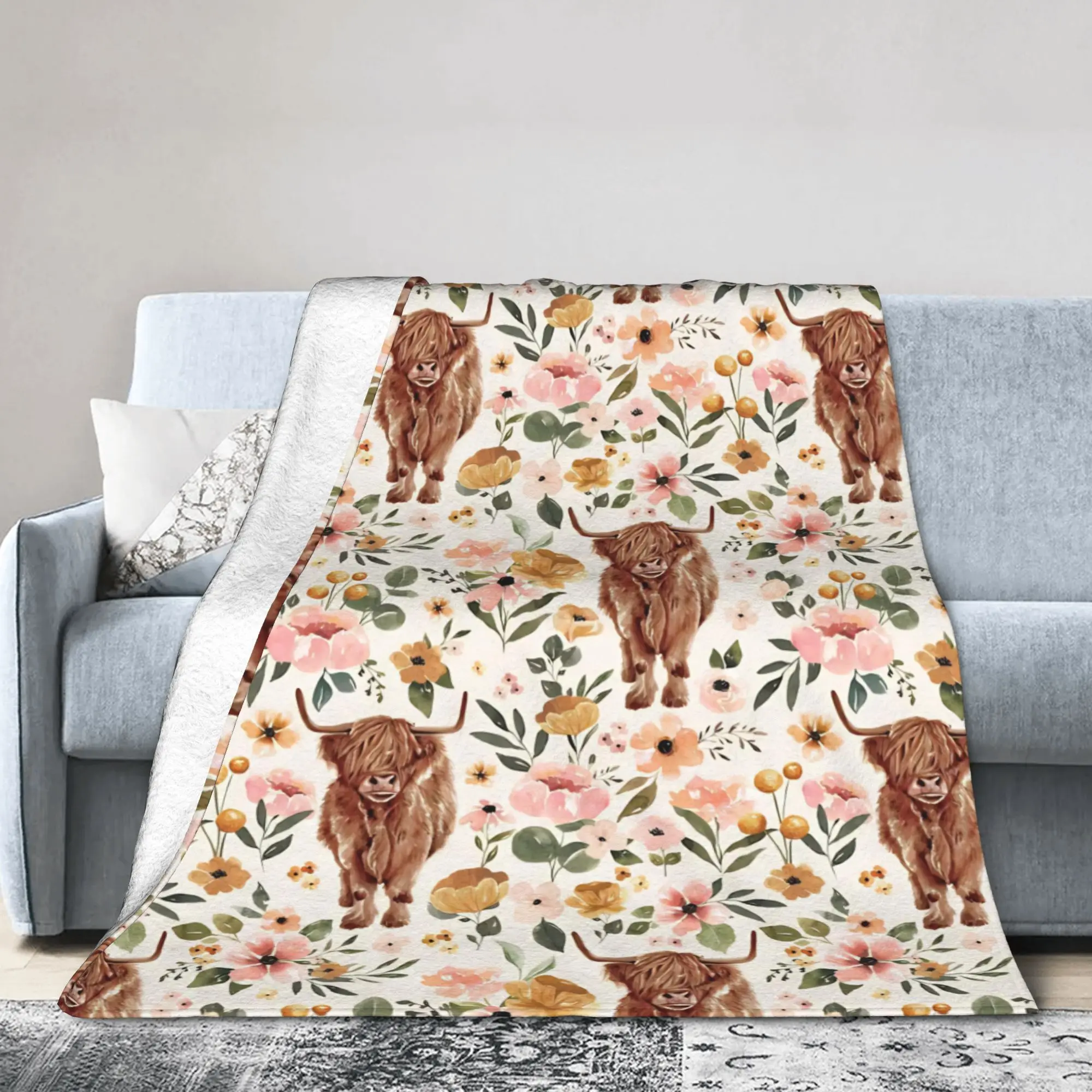 Highland Cow Foral Fuzzy Blanket  Vintage Throw Blankets for Home Hotel Sofa  125*100cm Rug Piece