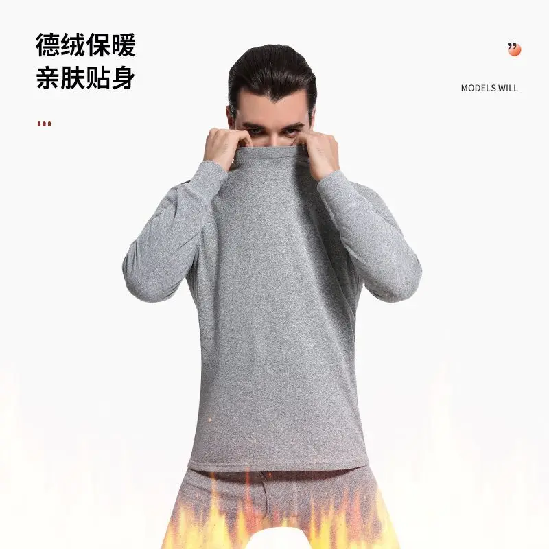 2Pcs Men Thermal Underwear Sets Mock Neck Solid Long Sleeve Top+Pants Fleece Soft Comfortable Close-fitting Warm Clothing