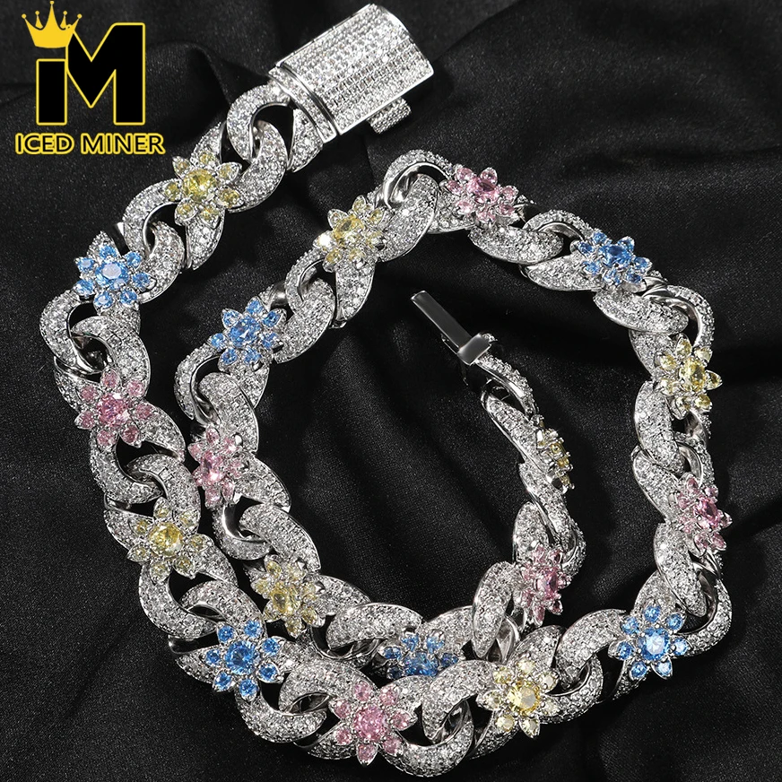 

14.5mm Eight Character Flower Cuban Chain Zircon Diamond Iced Out Necklaces For Men Fashion Hip Hop Jewelry Copper Free Shipping