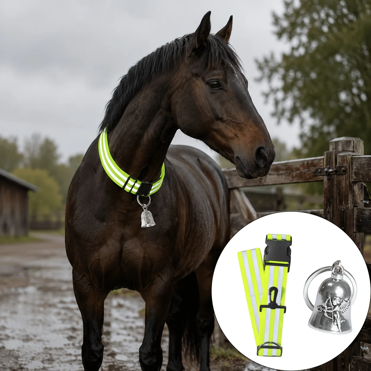 Reflective Horse Collar Set With Metal Bell Adjustable Equine Neck Strap Decor For Stable Paddock Farm Horse Photo Shooting