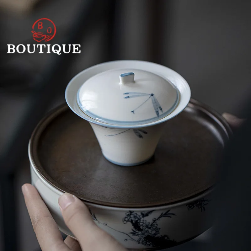 100ml Antique Pure Hand-painted Dragonfly Art Ceramic Gaiwan Vintage Porcelain Bowls Tea Tureen Tea Maker Cover Bowl Teaset Gift