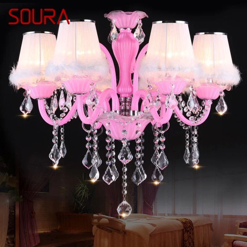 

SOURA Pink Crystal Pendent Lamp Art Girls' Room Candle Lamp Children's Room Living Room Restaurant Bedroom Chandelier