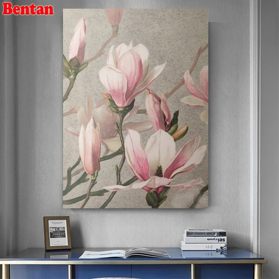 5D DIY Diamond Painting Magnolia Flower Cross Stitch Kit Full Drill Square Embroidery Mosaic Picture of Rhinestones Vintage Art