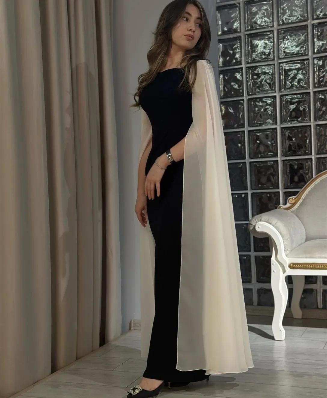 

Customized Classy Long Arabic Evening Dresses With Cape Straight Square Neck Floor Length Ruched Prom Dresses For Women Special