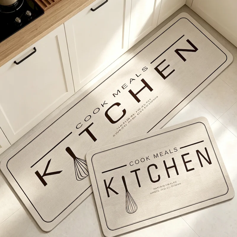 VIKAMA Beige Retro Wooden Kitchen Carpet, Entrance Non Slip Floor Mat, Minimalist Letter Printed Floor Mat, Home Decoration