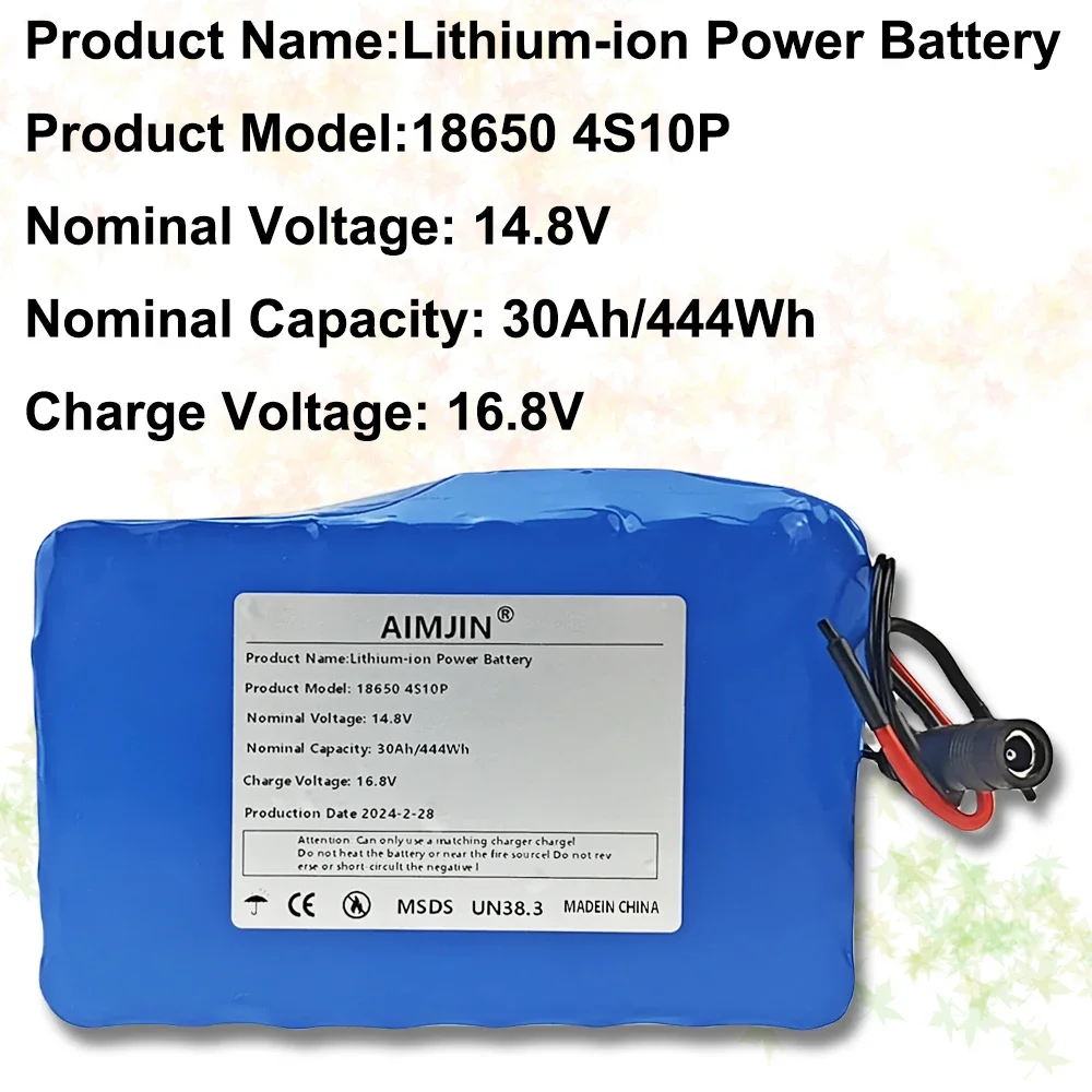 

4S10P 14.8V 30Ah 444Wh 18650 Lithium Battery Pack with BMS for Inverter Smart Robot High-power Equipment Etc