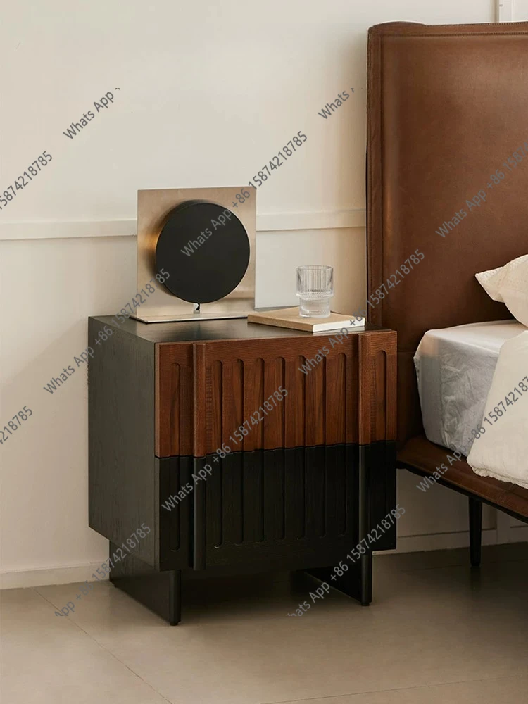 

Grid color matching bedside table medieval solid wood bedroom bedside table storage cabinet retro double-layer small cabinet hig