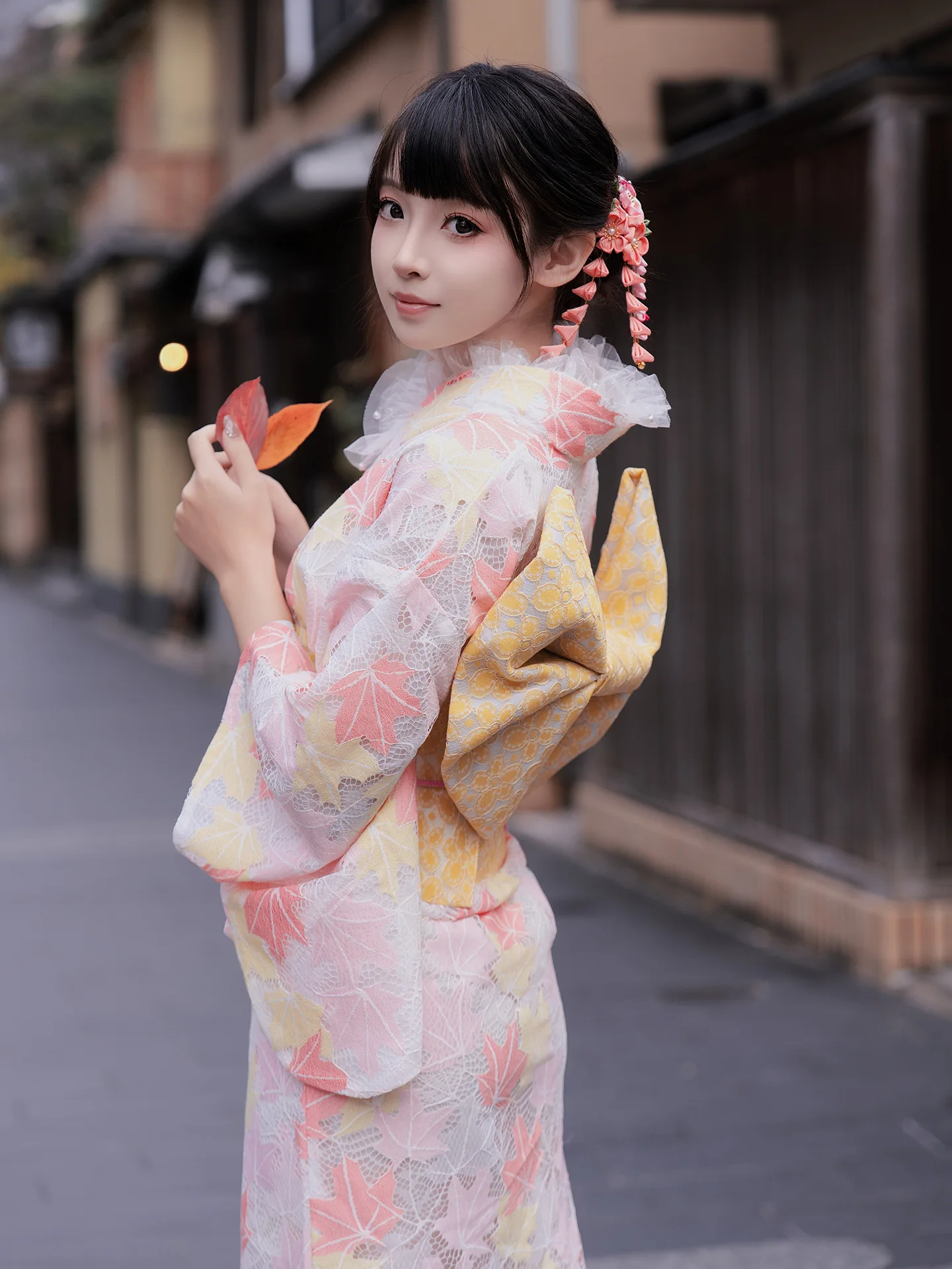 Women's Japanese Lace Kimono – Sweet Maple Leaf Pattern, Formal Graduation Dress, Traditional Stage Performance Costume