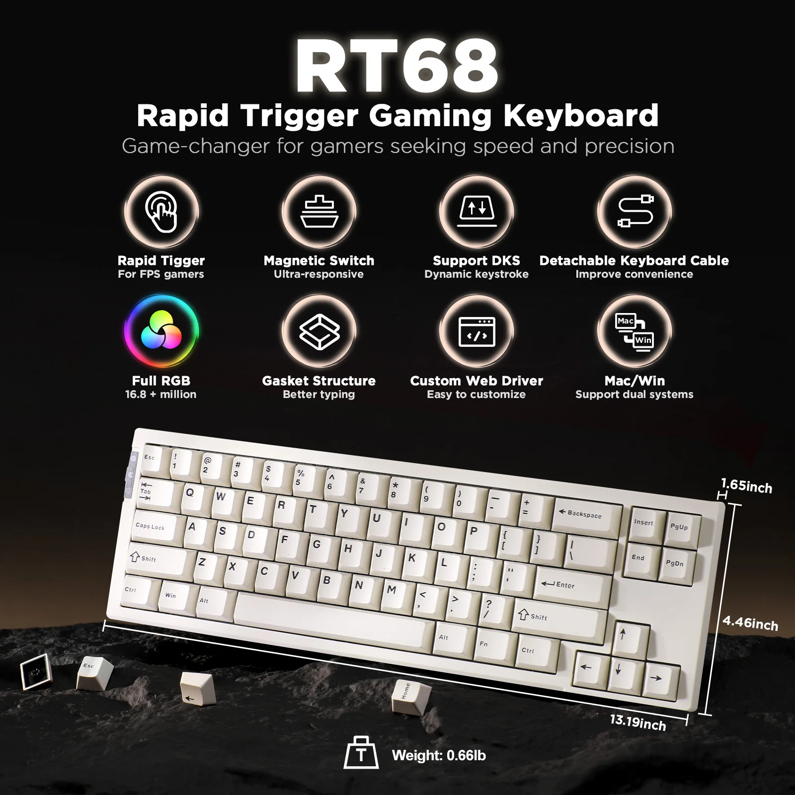 YUNZII RT68 Beige Rapid Trigger RGB Mechanical Gaming Keyboard, Hall Effect Magnetic Switch 68-Key Wired Gasket Mount Keyboard