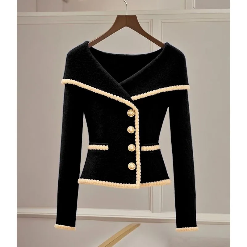 Short Outerwears Women Autumn Cardigan Knitwear Coat New Elegant and Beautiful Navy Blue Lapel Sweater Chic Wearing Commuter Top