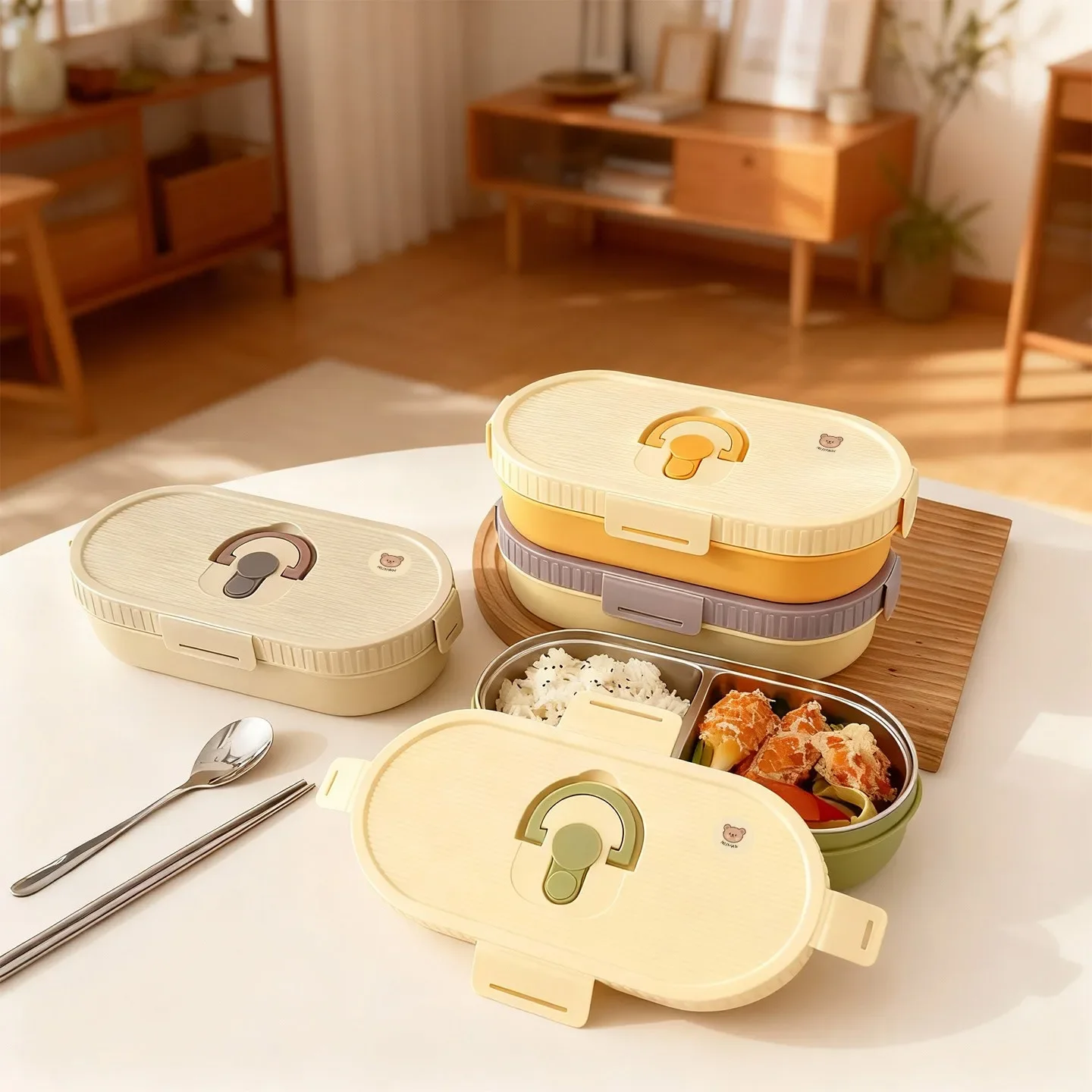 850ML 2 Grids 304 Stainless Steel Insulated Lunch Box With Handle Kids Student Portable Leak-proof Food Container Microwave Safe