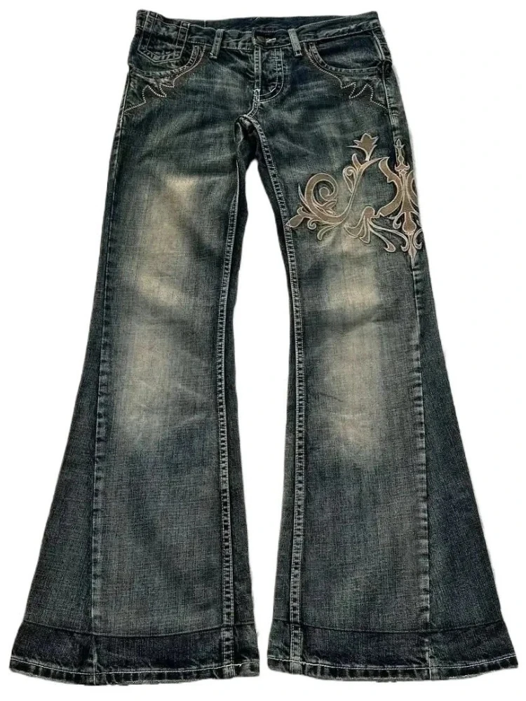 

HOUZHOU Y2k Retro Flared Jeans Women Harajuku Gothic Embroidery Denim Pants Vintage Punk Baggy Street Grunge Washed Trousers