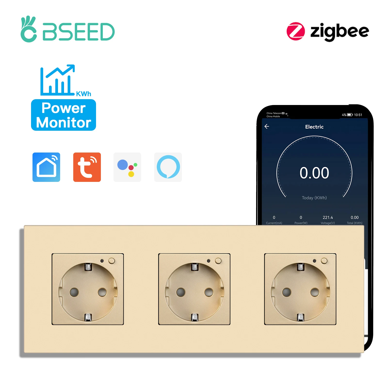Bseed Zigbee Energy Monitor Steckdose PC Kunststoffrahmen Doppelte Smart Outlets Dreifachstecker Tuya Google Home Smart Life Control