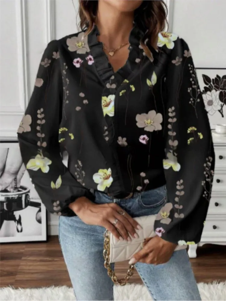 Frauen Druck Hemd Mode Rüschen V-ausschnitt Langarm Pullover Shirts Tops Für Weibliche Casual Urlaub Boho frauen Kleidung frühling