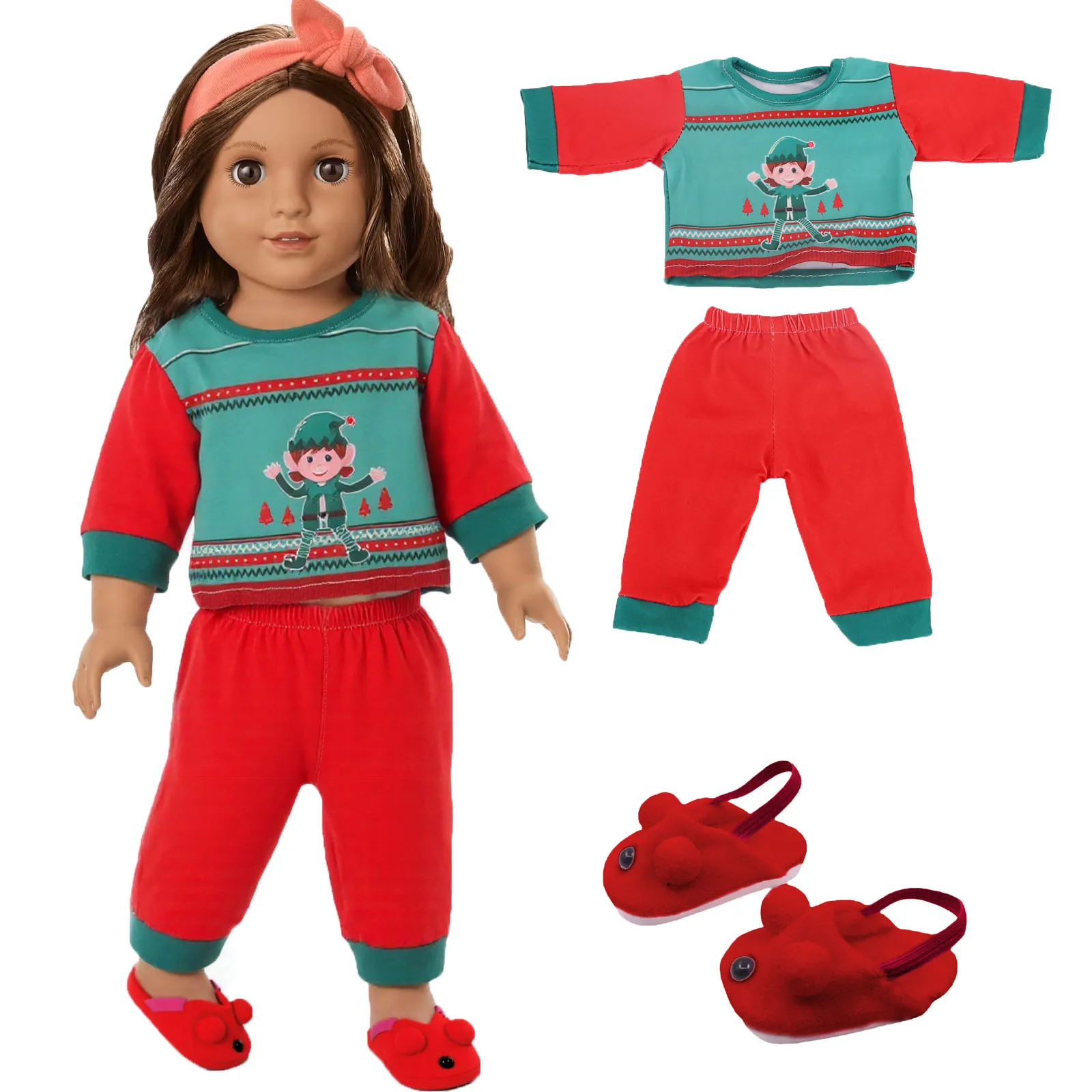 Ropa para muñecas estilo navideño, Top + Pantalones, zapatos para muñeca americana de 18 pulgadas y accesorios para muñecas Reborn de 43CM, juguetes para regalo para niñas