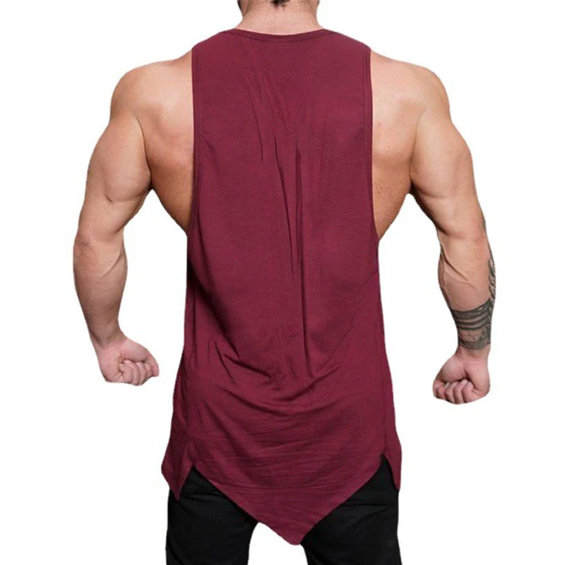 Men’s Gym Clothes Summer Trend Cotton Breathable Vest Irregular Hem Fitness Sleeveless T-shirts Printing O-neck