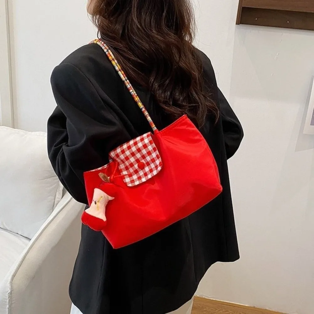 

Casual Nylon Plaid Shoulder Bag Hasp Square Canvas Handbag Korean Style with Pendant Tote Bag Student