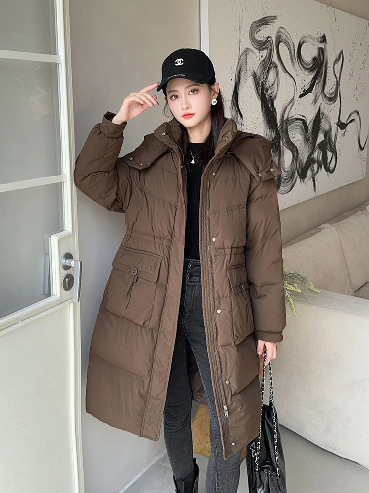 Winter Long Detachable Hooded Parker Down Jacket Female Drawstring Warm Knee Length Outwears Women White Duck Down Jackets Coat
