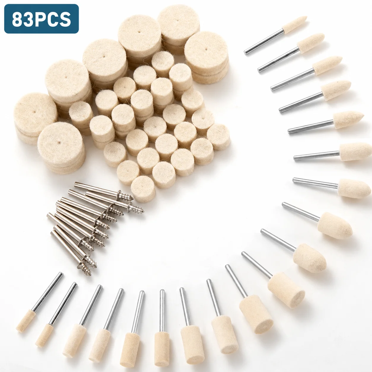 83PCS Wool Felt Polishing Heads & Buffing Wheel Set, 1/8" Shank for Dremel Rotary Tool, Metal Wood Jewelry Polishing & Finishing