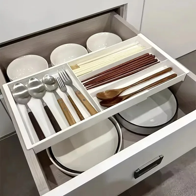 

Регулируемая полка для хранения кухонных ножей и вилок, подходит для шкафов, а также в качестве ванных комнат и спален.