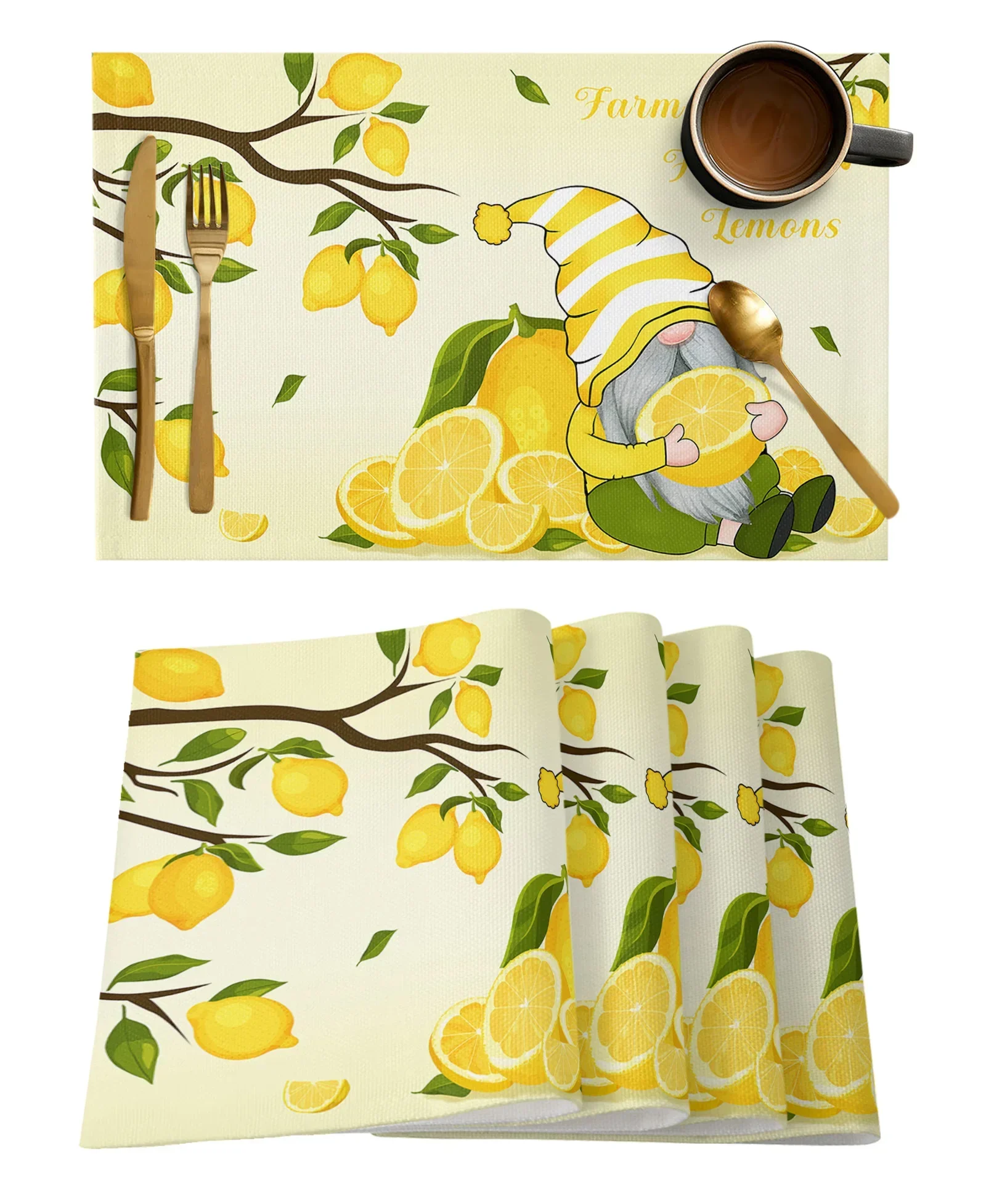 Lemon Idyllic Plaid Fruit Kitchen Dining Table Decor Accessories 1pcs Placemat Heat Resistant Linen Tableware Pads Mats