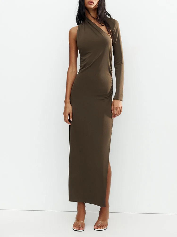 Sexy Bal Asymmetrical Pleated Decoration Long Dr Women's New Summer Faion European Sle Waist Cinched Svel V...