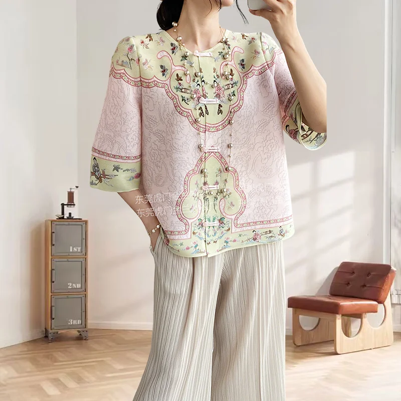 

Miyake Pleated Shirt Female Summer Fold T-shirt Women's Ageing Casual Printed Pleated Loose Short Tops Fashion Women Clothing