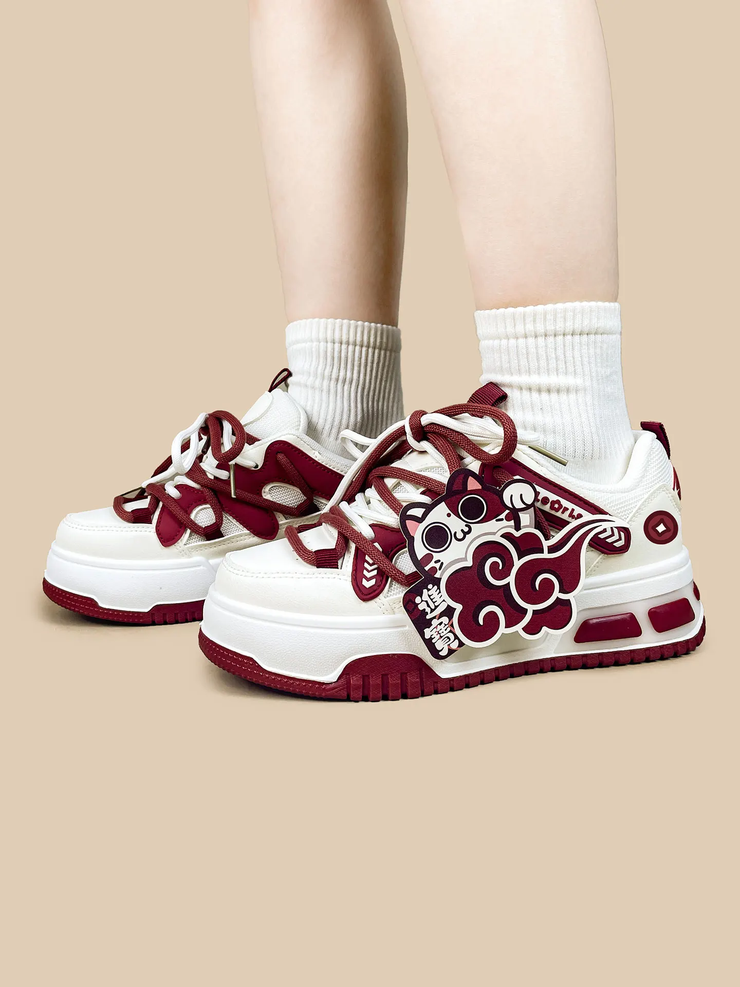 Korea All-match Red Thick Soled Bread Shoes Women's Comfortable Height Increasing Shoes Round Toe Lace-up Students Flat Shoes