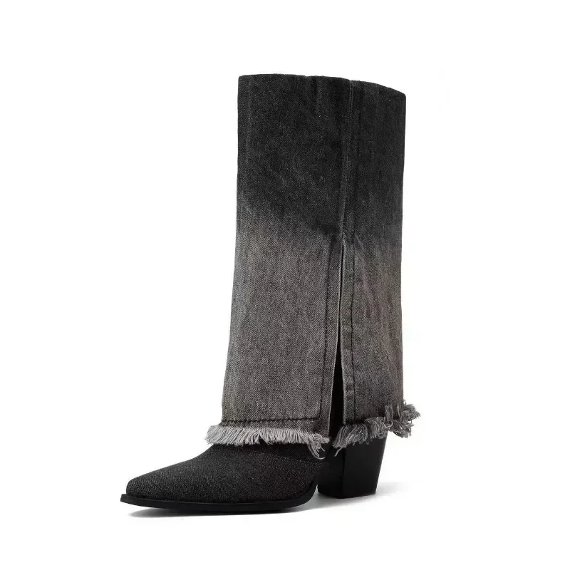 

Black Blue Gradient Washed Denim Fringed Skirt Boots European American Fashion Women's Coarse Heel Western Jeans Pants Boots