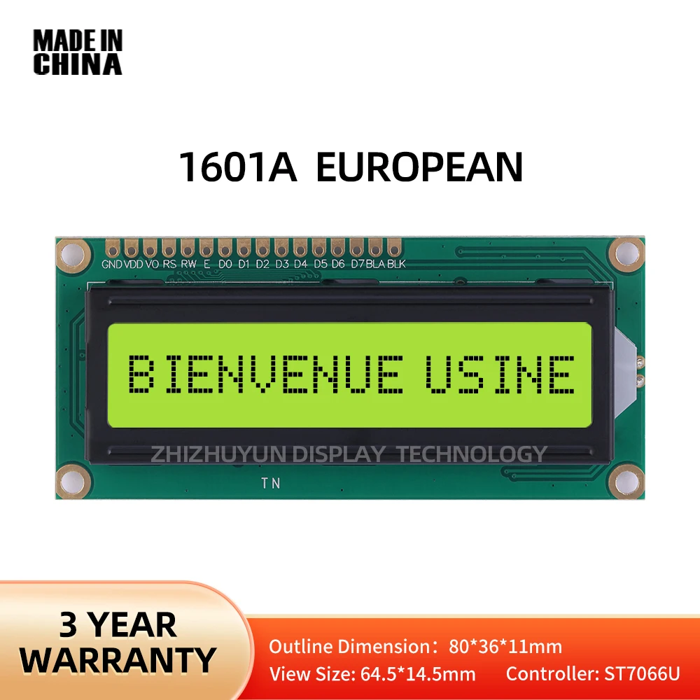 1601A European Character LCD Module Monochrome Yellow Green Film Controller ST7066U 16*1 Monochrome Screen LCD Display