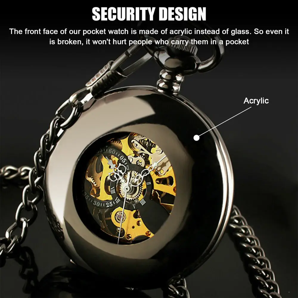 Black Hollow Case Roman Number Dial Mens Pocket Watch Mechanical Black Steampunk Skeleton Retro Chain Luxury Classic