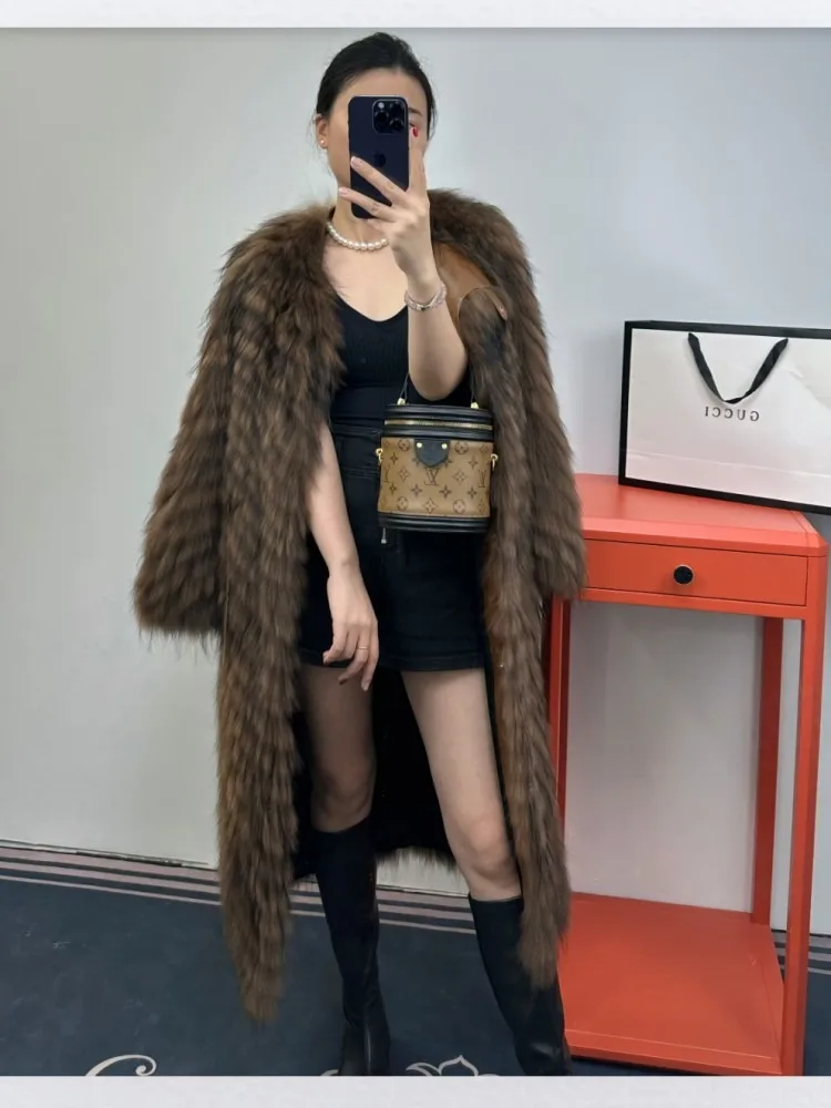 Hot-selling Autumn Winter New Natural Real Raccoon Fur Strip Fur Coat Fashion long Jacket Raccoon Fur Coat Warm Streetwear