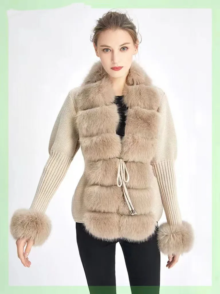 Fall Winter Women Faux Fur Coat Luxury Patchwork Knitted Sweater Bandage Fur Cardigan Detachable Collar Jackets Faux Fur Coats