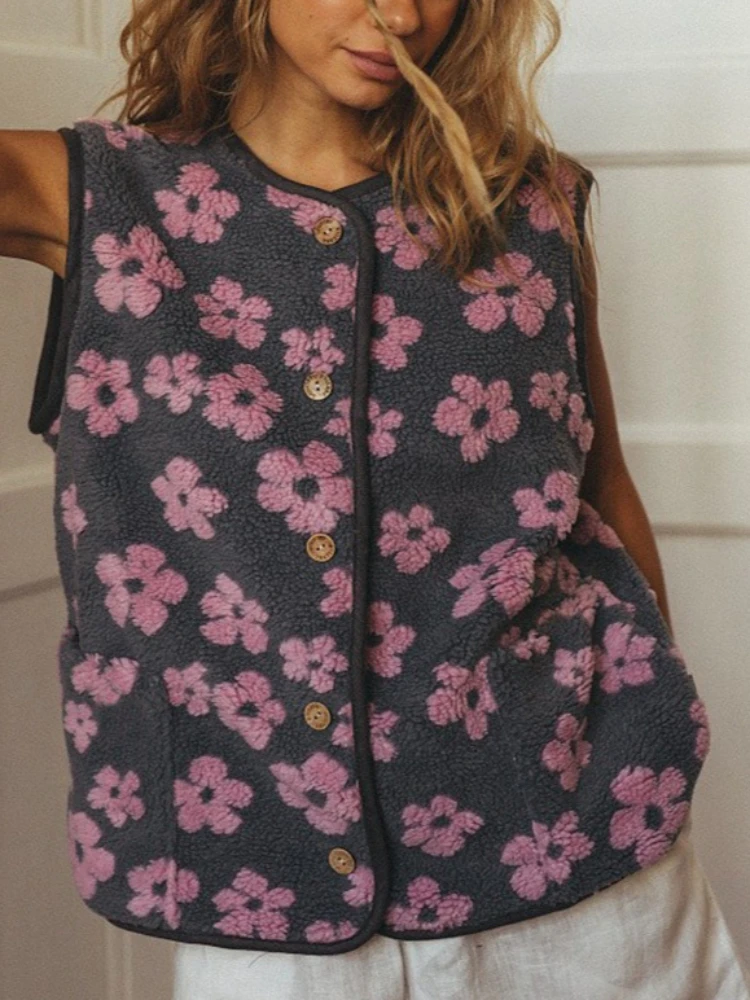 

Floral Print Polar Fleece Women Vest Women Casual V-neck Pocket Single Breasted Sleeveless Coat Autumn New Female Vest