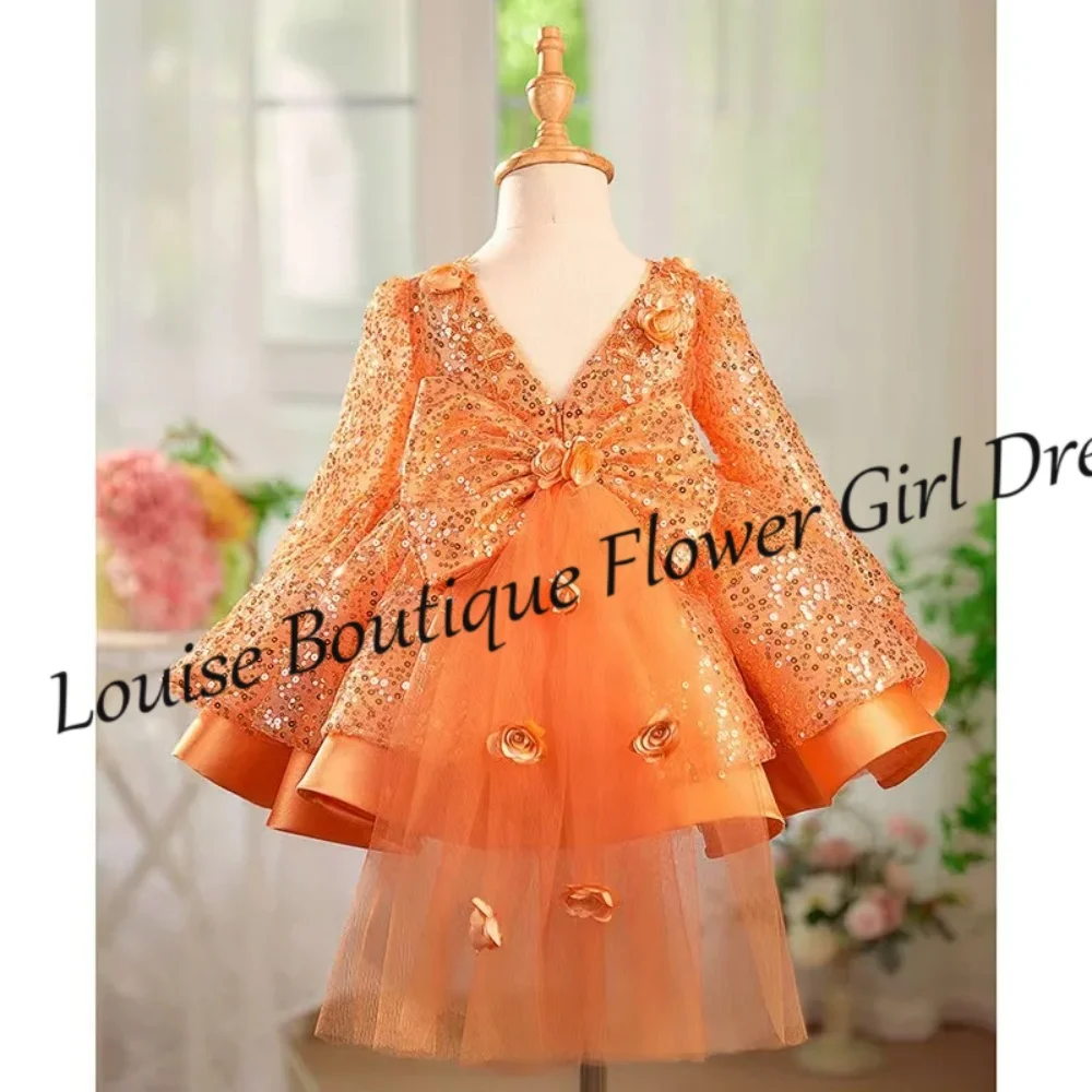 Abito da ragazza di fiore principessa rosa caldo con paillettes A-Line Appliques Abiti a maniche lunghe Abiti da festa di compleanno per prima comunione per ragazze