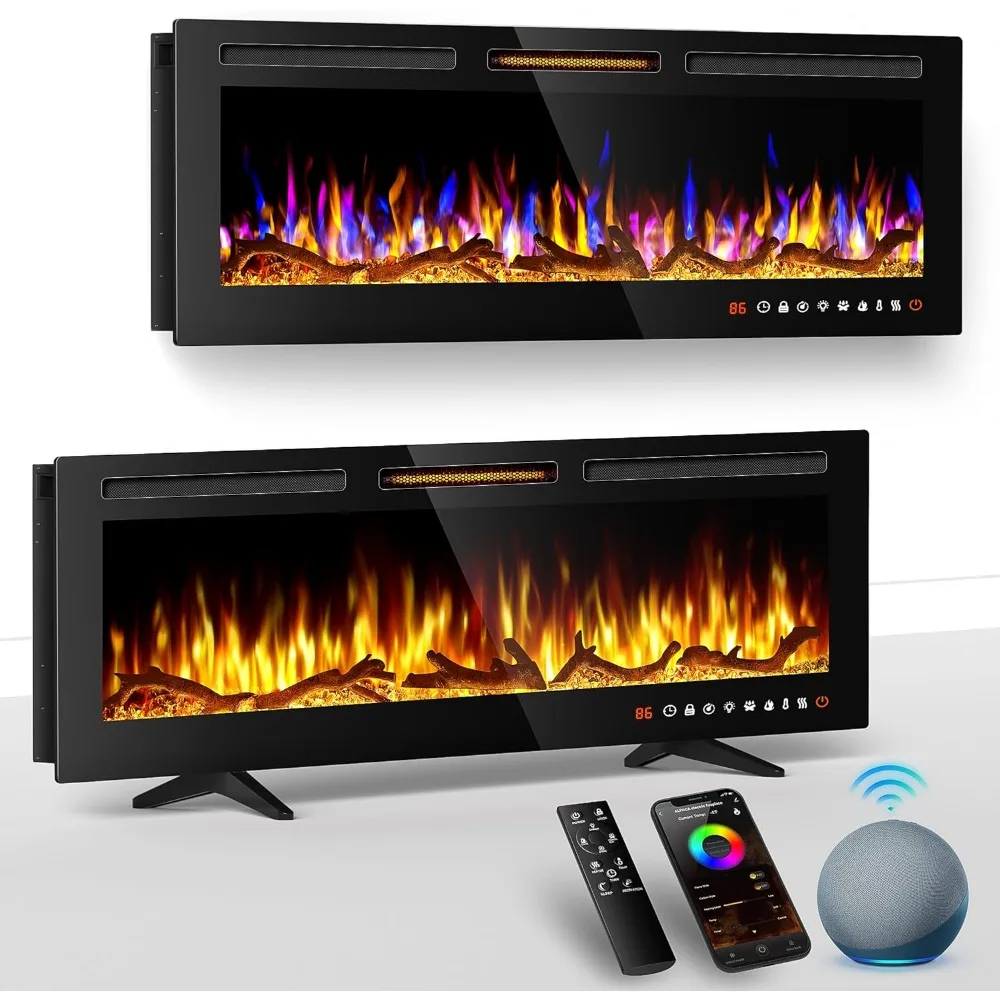 60'' Smart WiFi Electric Fireplace Recessed, Wall Mounted and Freestanding Linear Fireplace