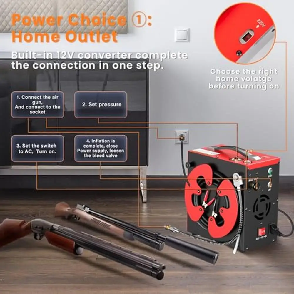 Portable PCP Air Compressor Autostop Oil-Free Water-Oil Separator Filter 12V Powered Built-in Fan Cooling Safe Design Gauge