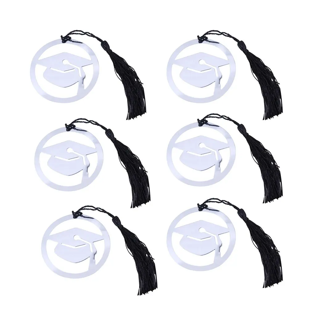 6Pcs Metal Bookmarks Stainless Steel Doctoral Shape Black Tassel Graduation Gifts Page Markers Reading Accessories